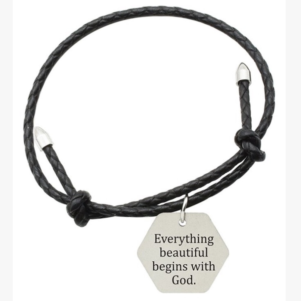 Leather & Stainless ‘Begins with God’ Bracelet